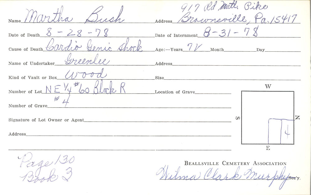 Martha Bush burial card